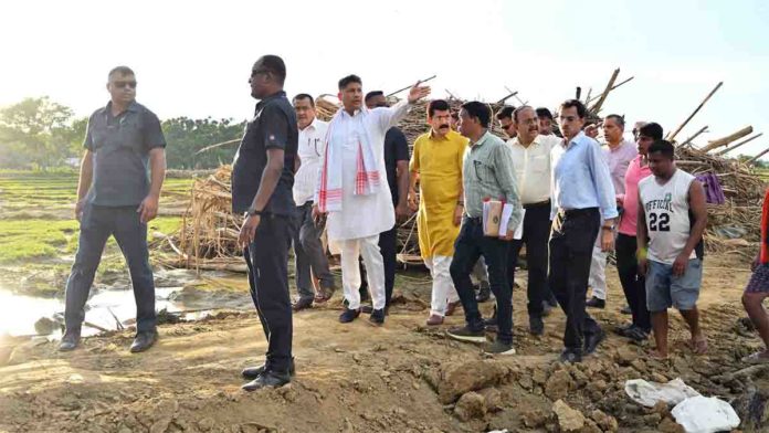 Minister Pijush Hazarika Reviews River Dyke Repairs by Katakhal River in Hailakandi